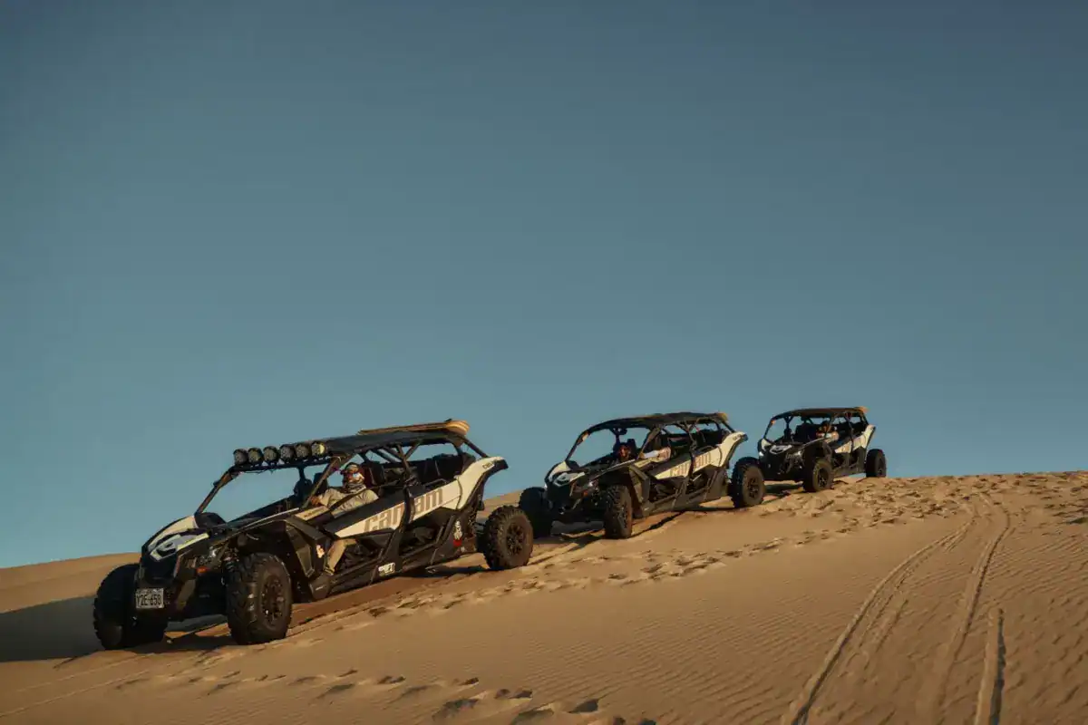 Buggies alignés sur les dunes au lever du soleil