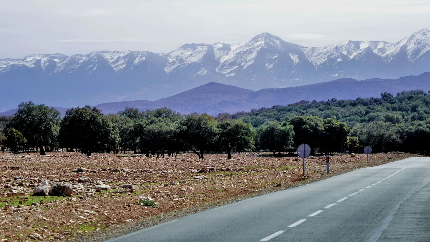 Route de campagne face aux sommets enneigés de l’Atlas marocain
