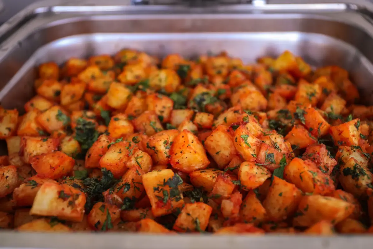 Pommes de terre aux épices marocaines dans un chafing-dish de buffet traiteur