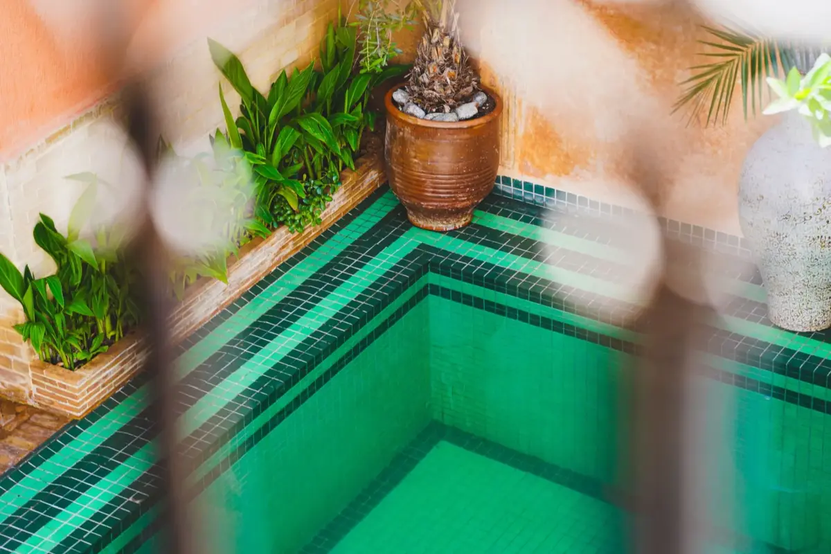 Bassin carrelé vert dans le patio d'un riad à Marrakech, plantes en pot