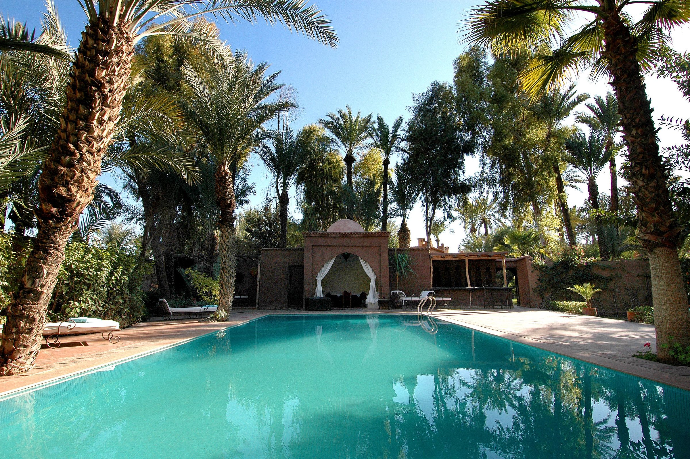 Piscine de villa entourée de palmiers, pavillon aux voilages blancs