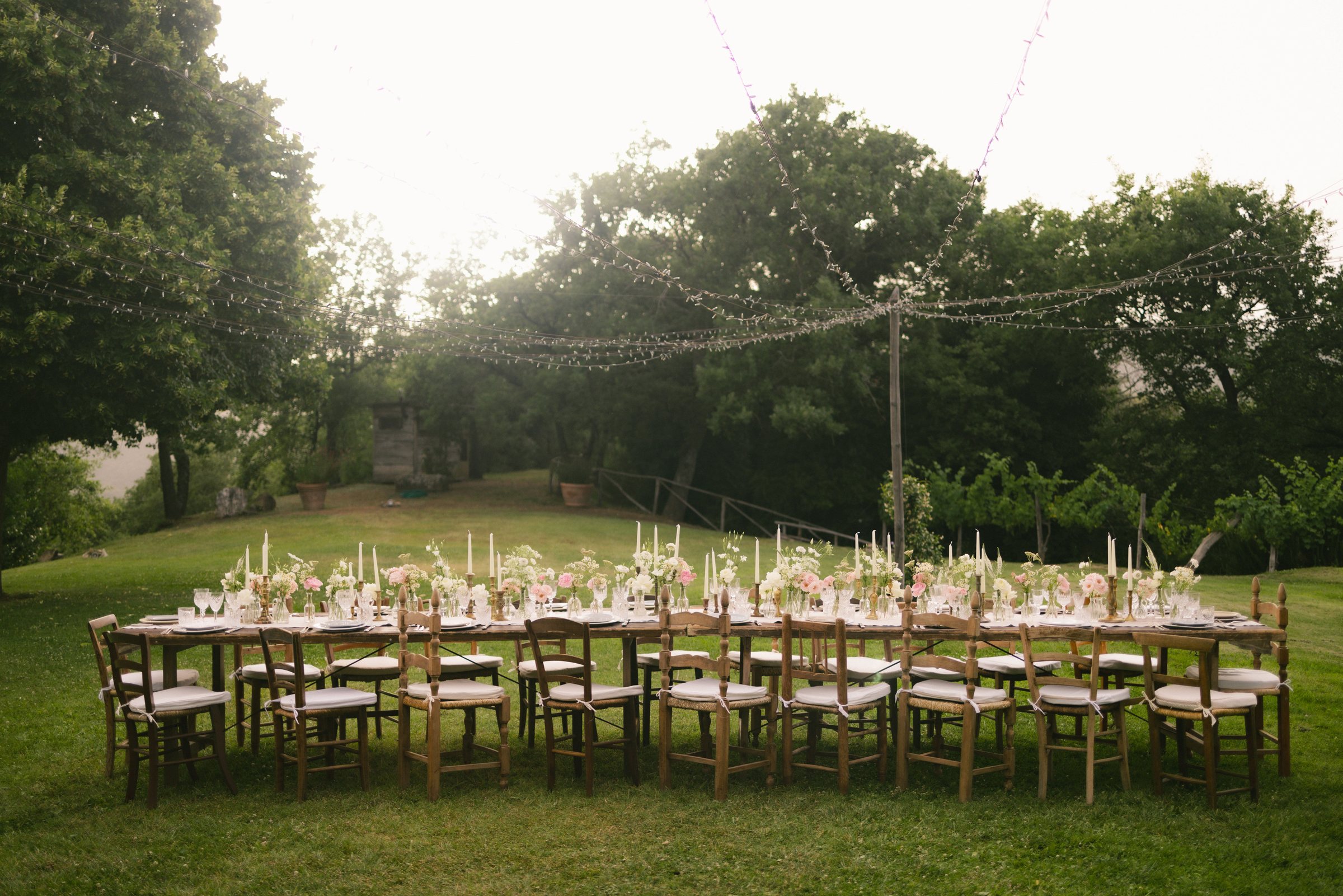 Longue table de réception dressée dans un jardin sous guirlandes