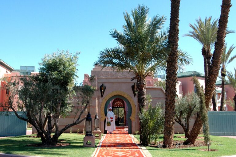 Entrée d'un domaine à Marrakech, tapis rouge, palmiers et porte en arc outrepassé